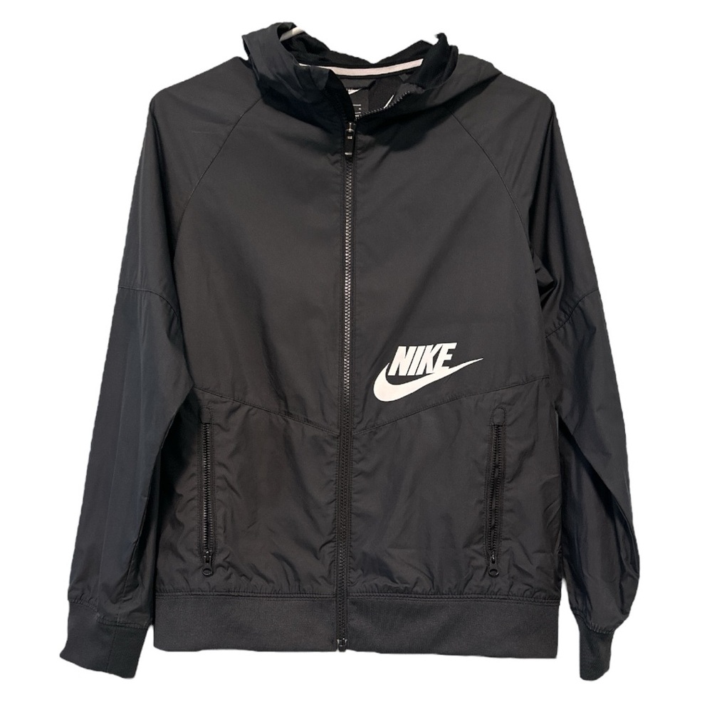 Nike Boys Windrunner Full Zip Jacket L Black Lightweight Hooded Logo Windbreaker